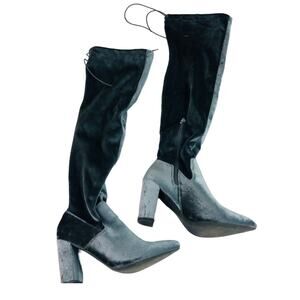 3315 Velvet Knee High Boots Gray Blue Pointed Toe Heeled Zip Women 8.5
